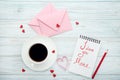 Hearts with envelopes and coffee Royalty Free Stock Photo