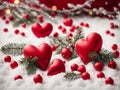 Red hearts, fir tree branch and red berries on snow background. Saint Valintine's composition ai Royalty Free Stock Photo