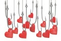 Red hearts on the fishing hooks, 3D rendering