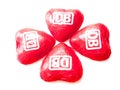 Red hearts of the German Federal Railway named Deutsche Bundesbahn DB made of chocolate