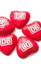 Red hearts of the German Federal Railway named Deutsche Bundesbahn DB made of chocolate