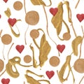 Red hearts in gold abstraction seamless pattern