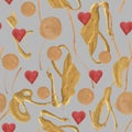 Red hearts in gold abstraction seamless pattern