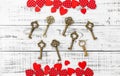 Red hearts golden keys wooden background Valentines Day Love