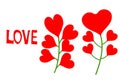 Red hearts on green stems isolated on a white background.