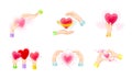 Red hearts in hands set. Charity, philanthropy, support vector illustration Royalty Free Stock Photo