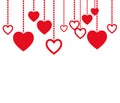 Red hearts hanging on rope. Graphic for Valentines Day. Clean and lovely design for cards.