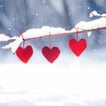 Red hearts hanging on a snowy branch Winter love story Royalty Free Stock Photo