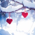 Red hearts hanging on a snowy branch Winter love story Royalty Free Stock Photo