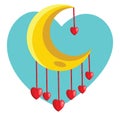 Red hearts hanging from yellow new moon vector illustration in a tourqoise heart Royalty Free Stock Photo