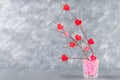 Red hearts with an inscription Love hang on branches on a gray concrete background. Love tree. The concept of Valentine's Day. A Royalty Free Stock Photo