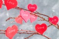 Red hearts with an inscription Love hang on branches on a gray concrete background. Love tree. The concept of Valentine's Day. A Royalty Free Stock Photo