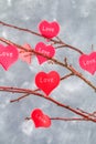 Red hearts with an inscription Love hang on branches on a gray concrete background. Love tree. The concept of Valentine's Day. A Royalty Free Stock Photo