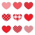 Red Hearts. Love concept. Valentine icons. Valentines day. Hearts with different patterns. Vector illustration