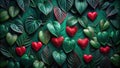 Red hearts among lush green foliage a romantic botanical composition. Generative AI Royalty Free Stock Photo