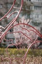 Red hearts made of metal on the background of a residential building Royalty Free Stock Photo