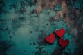 Red hearts on old grunge blue background. Valentines day, wedding, anniversary celebration or romantic card, banner, template. Royalty Free Stock Photo