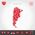 Red Hearts Pattern Vector Map of Argentina. Love Icon Set