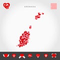 Red Hearts Pattern Vector Map of Grenada. Love Icon Set