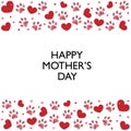 Red hearts and paw prints. Happy Mother`s day text. Greeting card vector Royalty Free Stock Photo