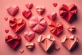 Red hearts on pink background. Top view. Flat lay