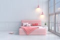 Red hearts on pink bed in bedroom of love Valentine`s Day. Background and interior. 3D render Royalty Free Stock Photo