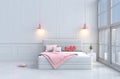 Red hearts on pink bed in bedroom of love Valentine`s Day. Background and interior. 3D render Royalty Free Stock Photo