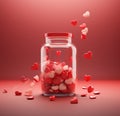 red hearts pouring from a clear jar on red background