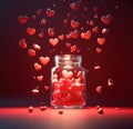 red hearts pouring from a clear jar on red background