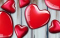 Red hearts realistic background Vector. Valentine day card. Romantic poster with shiny hearts on wooden background Royalty Free Stock Photo