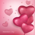 Red hearts, flying bunch of red balloons. Happy Valentines Day, Party decorations. Vector