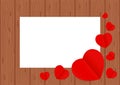 Red hearts shape on brown wood pastel color soft for banner background copy space white paper, many heart shape on wall wooden, Royalty Free Stock Photo