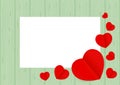 Red hearts shape on green wood pastel color soft for banner background copy space white paper, many heart shape on wall wooden Royalty Free Stock Photo