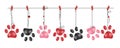 Red hearts with snowflakes and paw print. Happy Valentine`s day greeting card