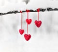 Red hearts on snowy tree branch in winter. Holidays happy valentines day celebration heart love concept. Royalty Free Stock Photo