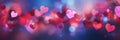 Red hearts, sparkling glitter bokeh background texture. Holiday valentines day lights. Abstract defocused header. Wide Royalty Free Stock Photo