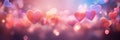 Red hearts, sparkling glitter bokeh background texture. Holiday valentines day lights. Abstract defocused header. Wide Royalty Free Stock Photo