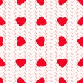 Red hearts and strpes. Valentines day vector background. Seamles pattern.