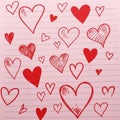 Red hearts of various sizes are sketched on lined, light pink paper. The hearts are Royalty Free Stock Photo