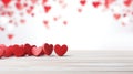 red hearts on white wooden table, valentines day love concept with copy space