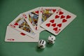 Red Hearts Winners Poker Royal Flush and Dice on Green Baize Tab Royalty Free Stock Photo