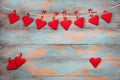 Red hearts on wooden background.Valentines day greeting card.Top view with copy space