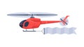 Red Helicopter with Blank Banner Flying in the Sky, Air Vehicle with White Ribbon for Advertising Vector Illustration Royalty Free Stock Photo