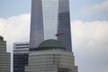 Red Helicopter flies in front of new One World Trade Center (1WTC), Freedom Tower, New York City, New York, USA City, New York, US