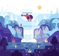 Red helicopter flies at night under waterfall and search for a criminal or a lost tourist - Vector cartoon square Royalty Free Stock Photo