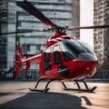 a red helicopter sits on the pavement by buildings and some black tires