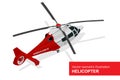 Red helicopter. Vector isometric illustration of Medical evacuation helicopter. Air medical service.