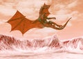 Red hell dragon falling on hot land