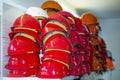 Red helmets in a building material store