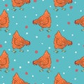 Red hens pattern. Seamless speckled chicken